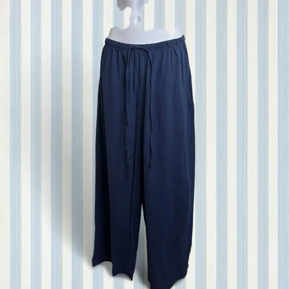 Medium Temofon Women's Navy and Blue Canvas Drawstring Wide Leg Pants
